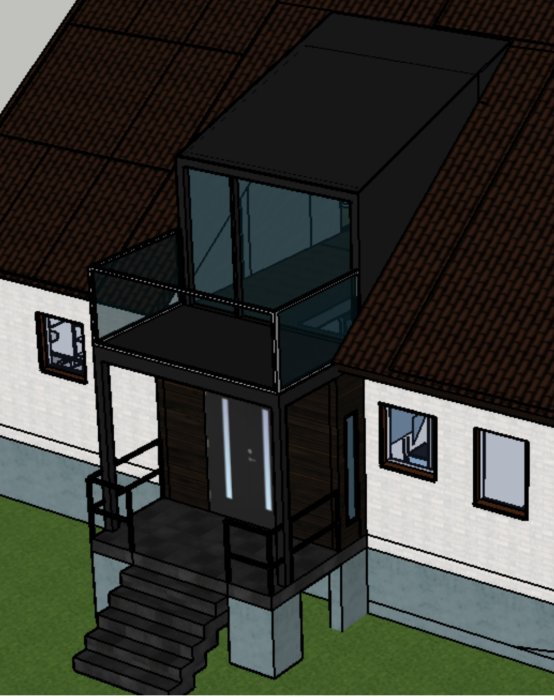 3D-modell av ett hus med tegeltak, modern tillbyggnad i glas och trappa utomhus.