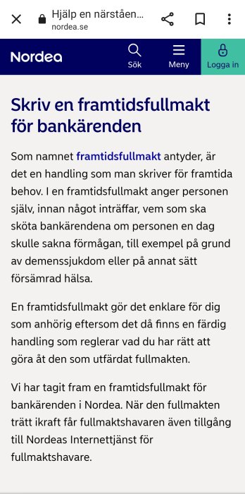 Webbsida där Nordea informerar om framtidsfullmakter för bankärenden och dess fördelar.