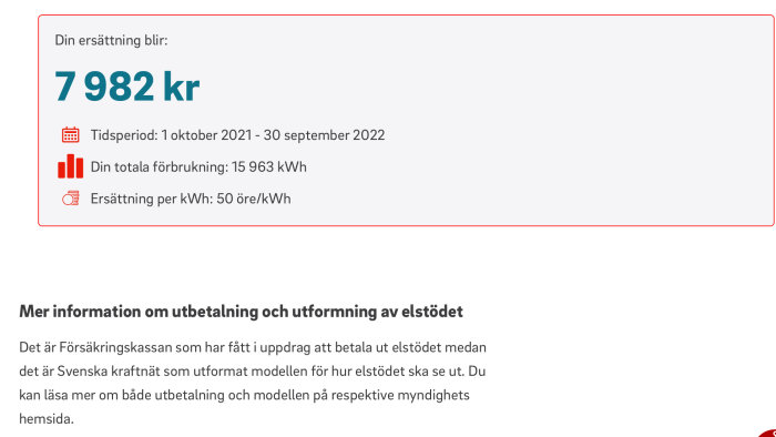 Svensk text, elräkning, ersättning 7 982 kronor, förbrukning 15 963 kWh, tidsperiod och ersättning per kWh.