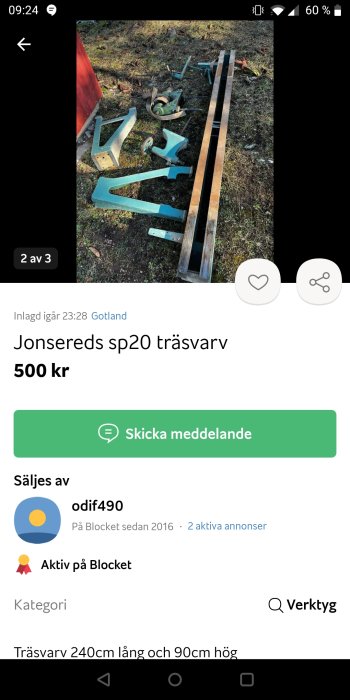 Annonssida visar Jonsereds träsvärv till salu, verktygsdelar på gräs, utomhus.