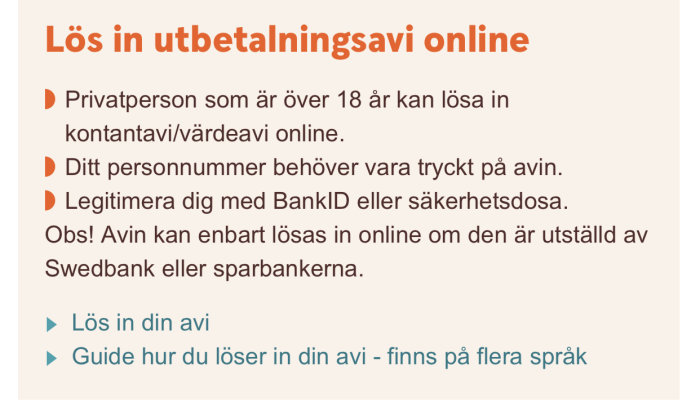 Informationsgrafik om att lösa in utbetalningsavi online med BankID för privatpersoner, tips och restriktioner nämns.