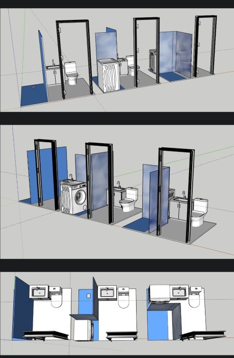 Digital skiss av badrum med toalett, handfat, och tvättmaskin, visas i olika utvecklingsstadier och perspektiv.