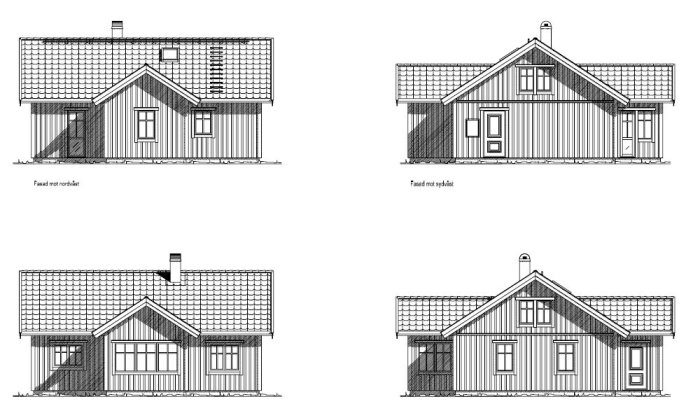 Fyra arkitektoniska ritningar visar en enplansvilla från olika håll, med beskrivning på svenska.