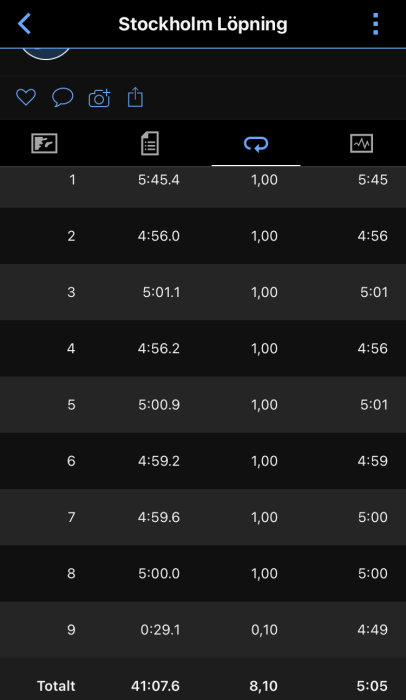 Skärmbild av löparapp visar tider och avstånd för en löprunda i Stockholm.