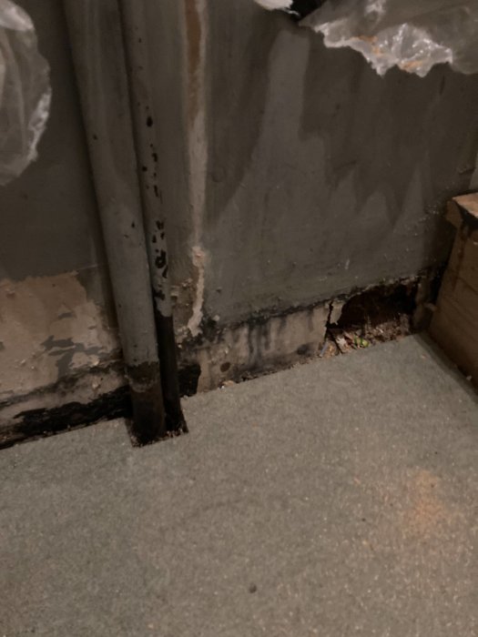 Hörnet av ett rum med rör längs väggen, slitage och möjlig fuktskada nära golvet.