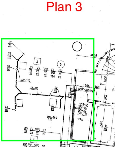 Teknisk ritning eller schema, möjligen elektrisk, med märkningar och symboler, betecknad "Plan 3" omgiven av grön ram.