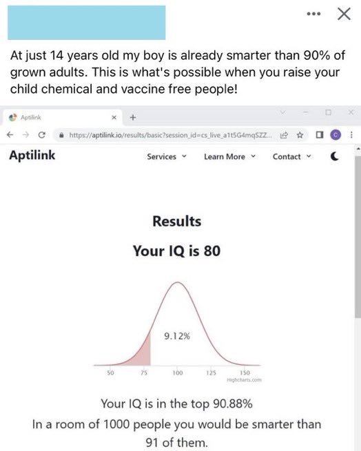 Bild på skärmdump; text hävdar pojke är smart, men visar IQ-resultat på 80, missförstånd av procentandel och intelligens.