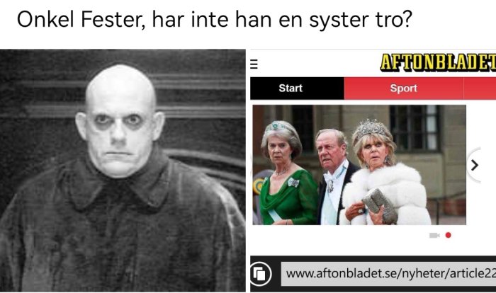 Jämförelse mellan Onkel Fester och personer i kungliga kläder, humoristiskt syftande, tidningsurklipp från Aftonbladet.