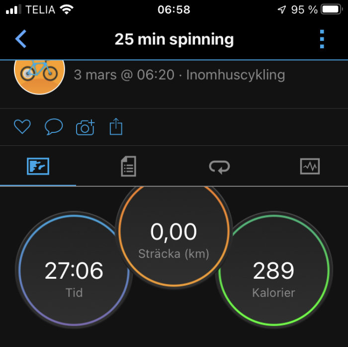 Skärmdump av träningsapp med 25 minuters inomhuscykling, tid 27:06 min, 0 km, 289 kalorier.