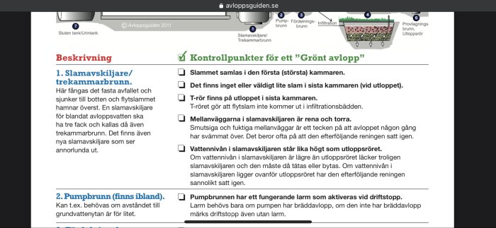 Svensk text om slamavskiljare för avloppshantering och checklistor för ett grönt avloppssystem. Diagram och punktlista inkluderade.