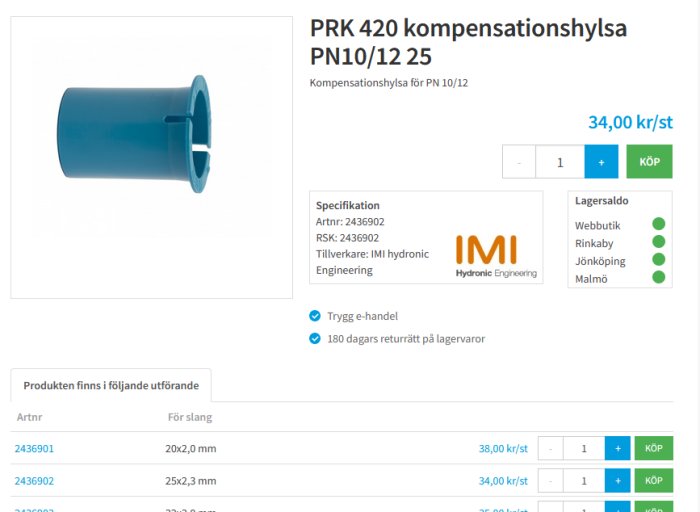 Blå kompensationshylsa för rör, vatteninstallation, produktsida med pris och specifikationer, onlineköp.