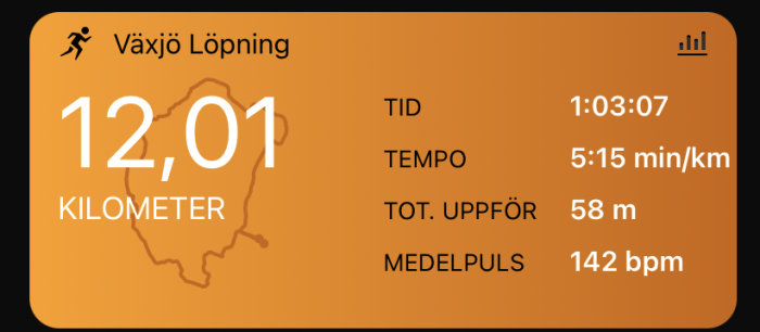 En löparapp visar 12,01 kilometer löpning i Växjö, tid 1:03:07, tempo 5:15 min/km, höjdstigning och puls.