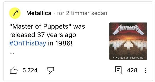 Social media-inlägg som firar 37-årsjubileum av Metallicas "Master of Puppets", med albumomslag och reaktioner.