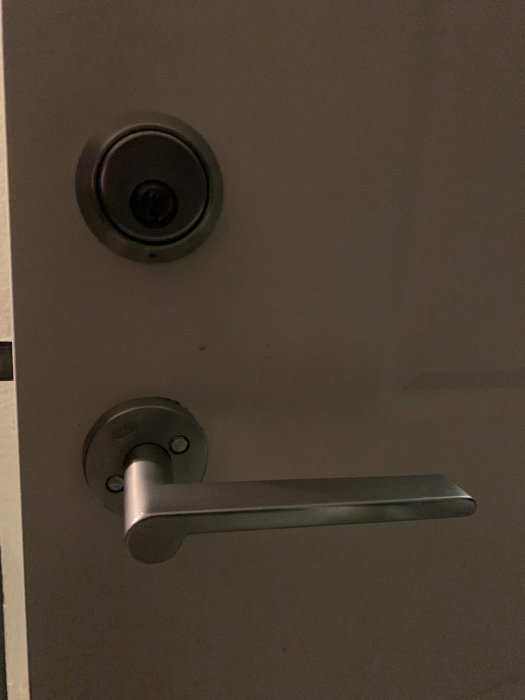Dörrhandtag och låscylinder på en stängd dörr i svagt ljus.