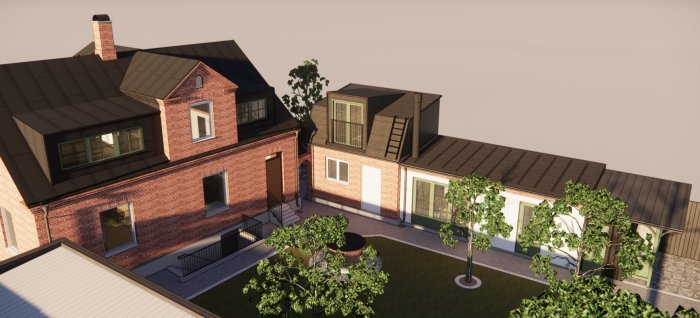 3D-rendering av arkitektur, tegelfasader, gröna träd, kvällsljus, gårdsmiljö, takfönster, ingen person synlig.