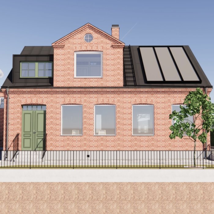 Tvåvåningshus i tegel, gröna fönsterluckor och dörr, solpaneler på taket, plant illustration.