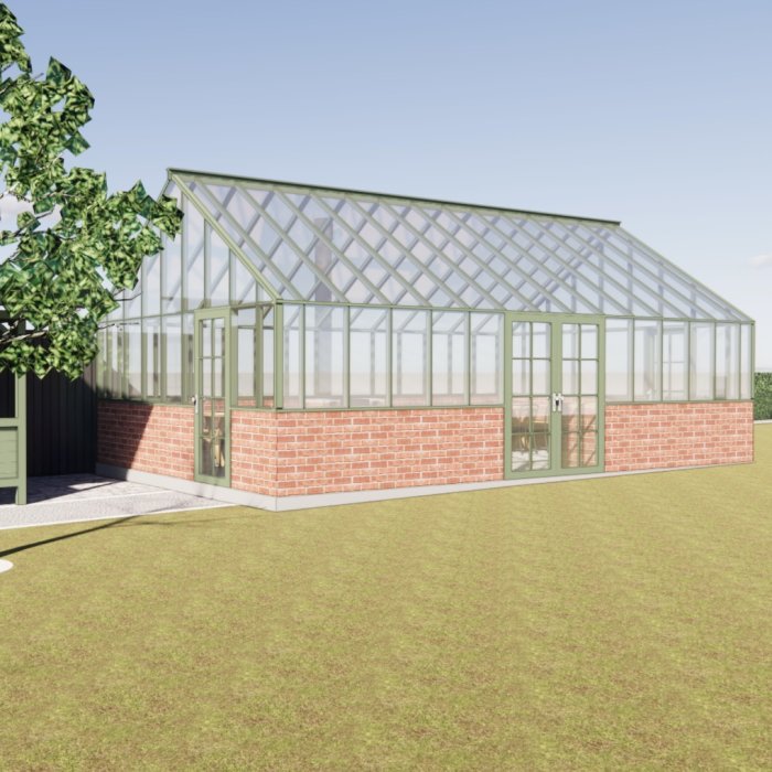 Ett växthus med tegelgrund, glastak och -väggar, beläget på en gräsmatta med en trädgårdsskjul i bakgrunden.