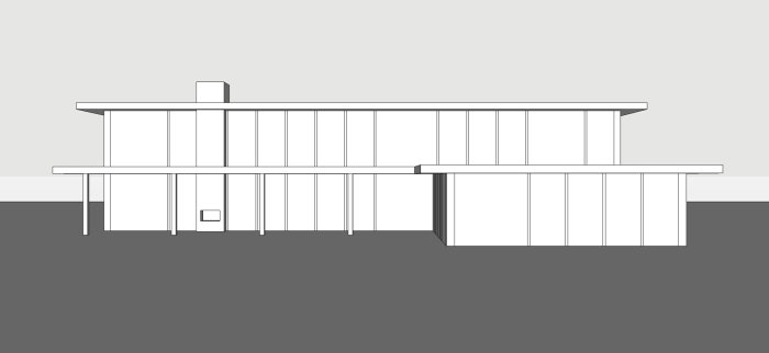 En stiliserad, svartvit ritning av en modernistisk villa med platt tak och stora fönsterpartier.