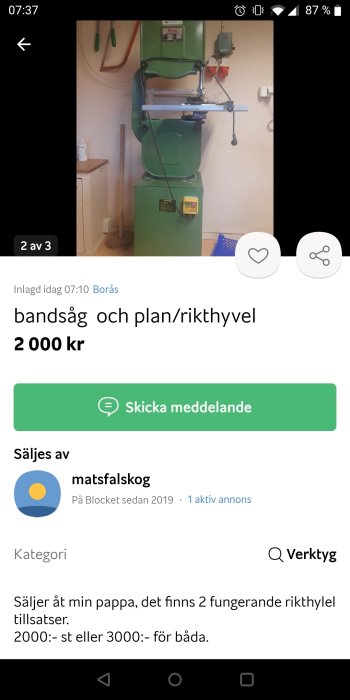 Grönt träbearbetningsverktyg, bandsåg och planhyvel, till salu i en onlineannons.