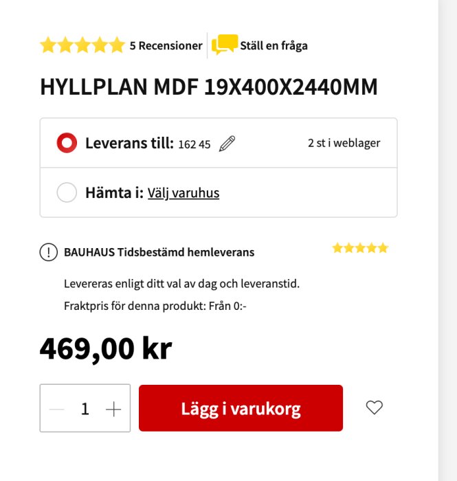 Produktinformation på webbsida: hyllplan, recensioner, pris, leveransalternativ, knapp för varukorg.