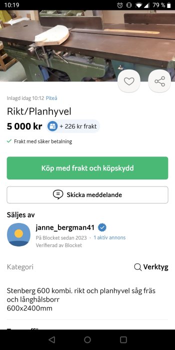 Screenskott av annons för träbearbetningsmaskin, Stenberg 600 kombi, till salu för 5 000 kronor.