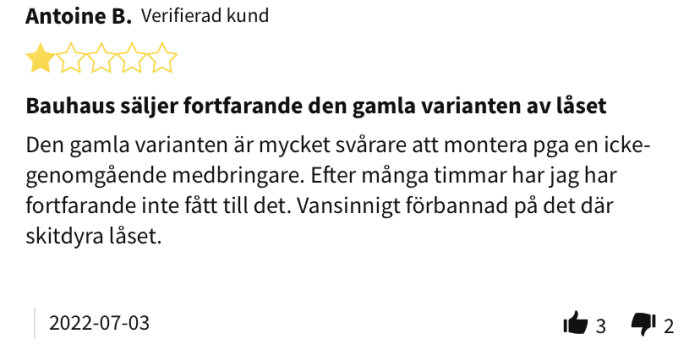 En skärmdump av ett klagomål från en verifierad kund, Antoine B., angående en produkt från Bauhaus, daterat 2022-07-03.