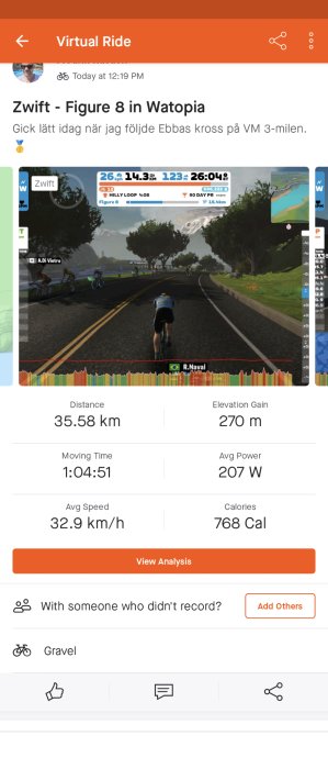 Skärmdump av virtuell cykeltur på Zwift med statistik: avstånd, tid, snitthastighet och kalorier.