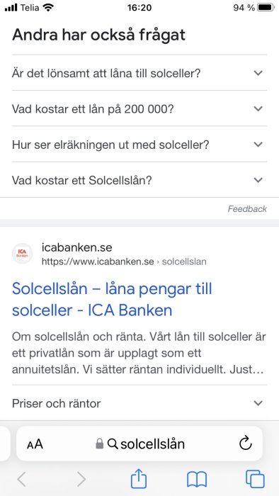 Webbsökning om solcellslån och relaterade frågor, ICA Banken-annons, svenska, mobilskärm.