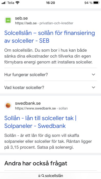 Skärmdump av webbsökresultat, innehåller information om solcellslån och finansiering för solpaneler.