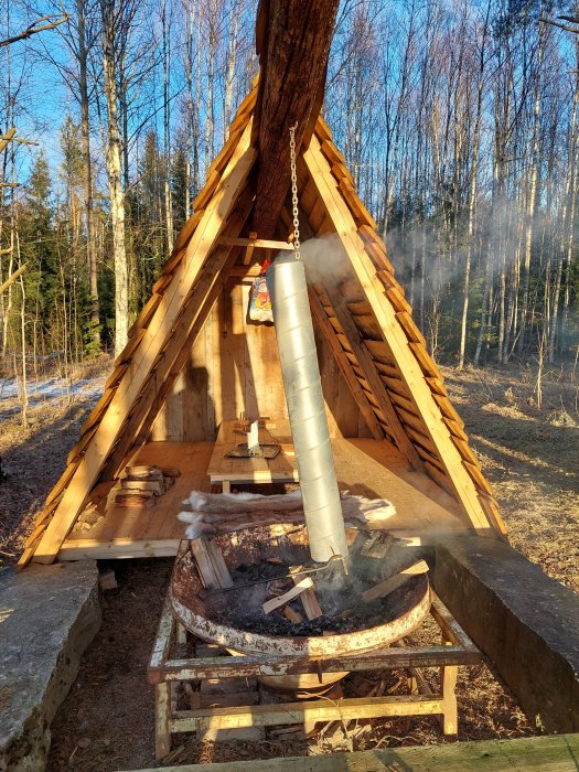 Trärökstuga i skogsmiljö med öppen eldstad, sittplatser, rök genom skorsten, soligt vinterlandskap.