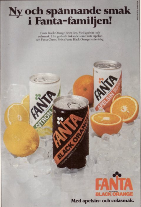 Reklambild för Fanta drycker med is, citroner och apelsiner, introducerar "Black Orange" smak.