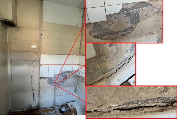 Renoveringsbehov i badrum med skadade kakel och väggar; fukt eller vattenskador synliga.
