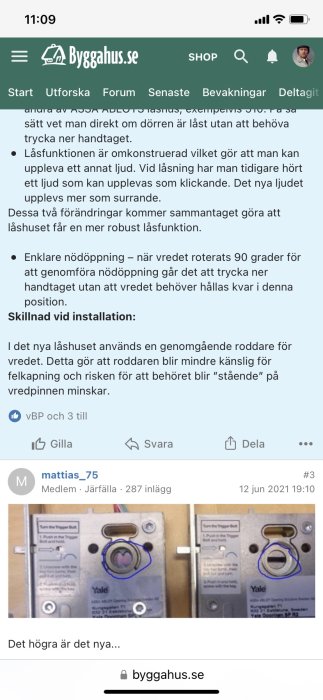 Skärmdump från forum, diskuterar lås, inlägg med bild på två låshusmodeller.