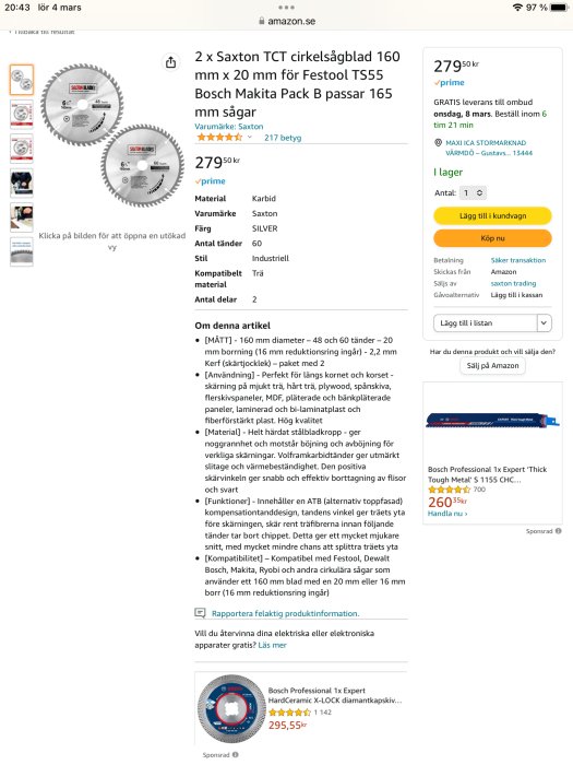 Skärmklipp från Amazon.se som visar Saxton TCT cirkelsågblad, produktdetaljer och köpalternativ.