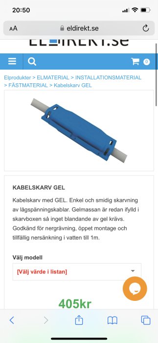 En produktbild som visar en kabelskarv med gel, används för sammanfogning av lågspänningskablar. Priset är 405 kronor.