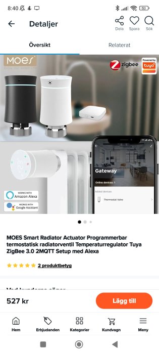 Skärmbild visar MOES smarta radiatorventiler, appgränssnitt, online, kompatibla med Alexa och Google Assistant.