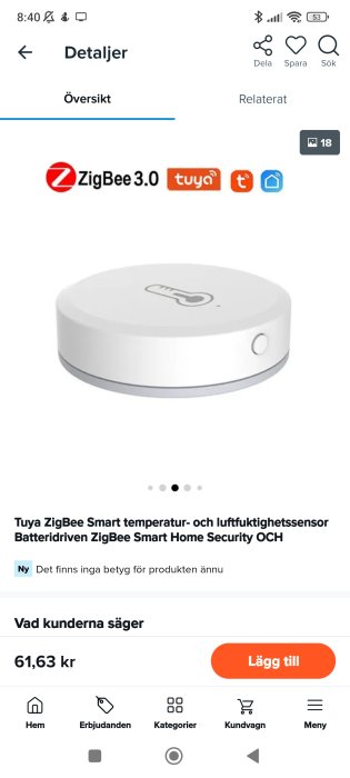 En skärmdump av en nätbutik som visar en ZigBee Smart temperatur- och luftfuktighetssensor till salu för 61,63 kronor.