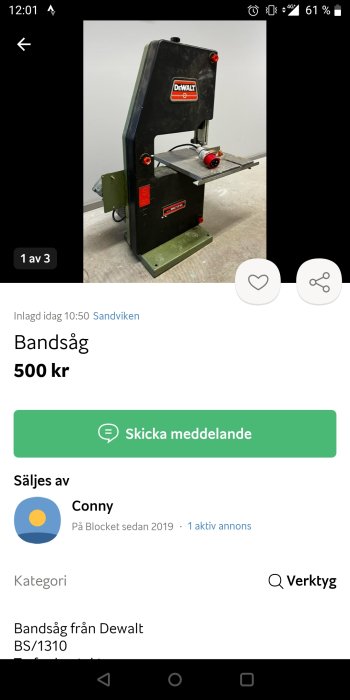 Dewalt bandsåg till salu för 500 kr på Blocket, skärmskott med användarinformation.