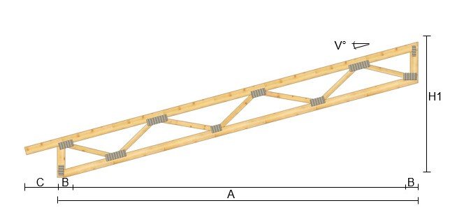 Träkonstruktion, takstol, byggteknik, diagram, mätningar, förstärkningsstag, teknisk ritning.