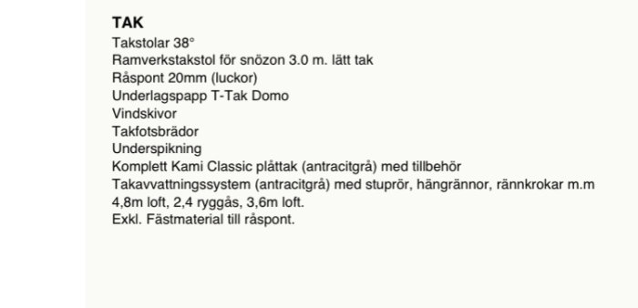 Lista över takmaterial och komponenter för byggnad, inklusive mått och specifika tillbehör.