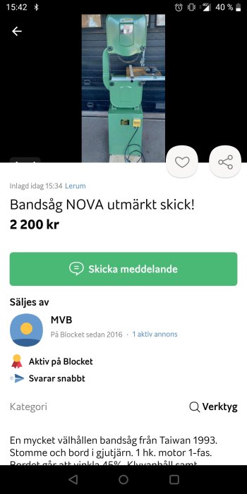 En grön bandsåg till salu på Blocket, 2200 kr, annonserad som i utmärkt skick.