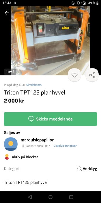 Triton TPT125 planhyvel till salu, begagnad, på en annonsplattform, verktygskategori.