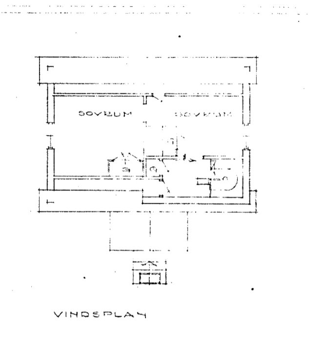 Svårtydd, svartvit ritning av en planlösning, eventuellt våningsplan, med texten "sovrum" och "vindsplan".