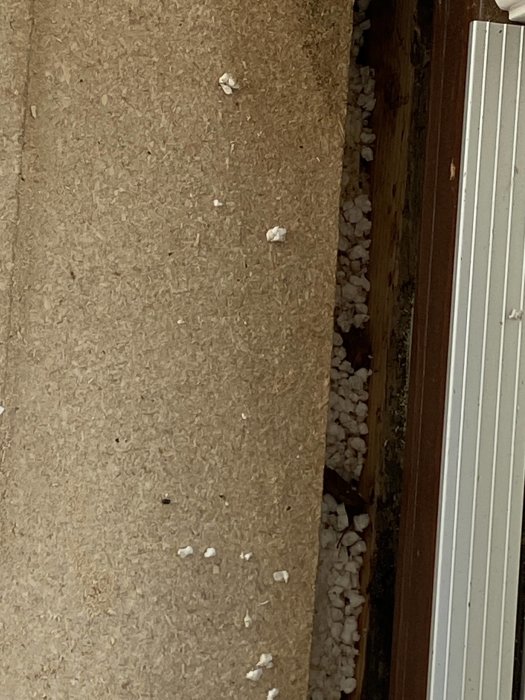 Golvkant intill dörr med smuts och små vita fragment, troligen nära en utomhusmiljö eller balkong.