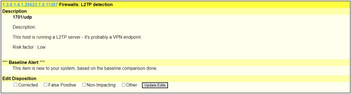 Skärmdump av säkerhetssystem, L2TP server upptäckt, VPN endpoint, risk låg, baslinjevarning, justering av status valmöjligheter.