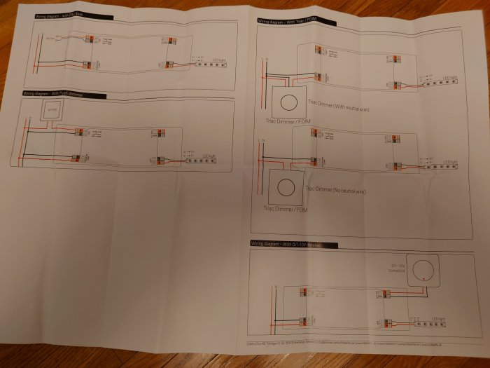 Fyra elschema för LED-ljusinstallation med olika dimmers och kontroller.