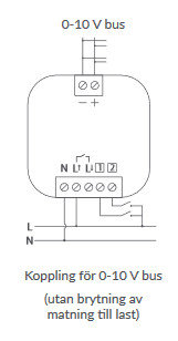 Elektrisk kopplingsschema för 0-10 V bus, inkluderar anslutningar för strömförsörjning och styrning, ej lastbrytning.