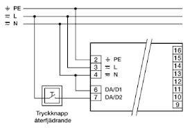 Elektriskt kopplingsschema med återfjädrande tryckknapp, anslutningar för PE, L, N, och DA/D1-D2.