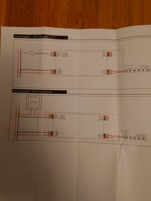 Två elektriska kopplingsscheman för LED-belysning, en med DALI-buss, en med tryckdimmer.