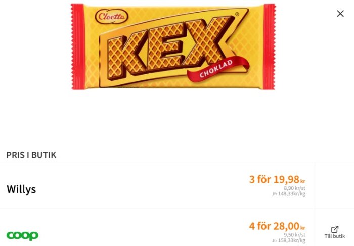 Kex chokladförpackning med prisinformation och butiksnamn.